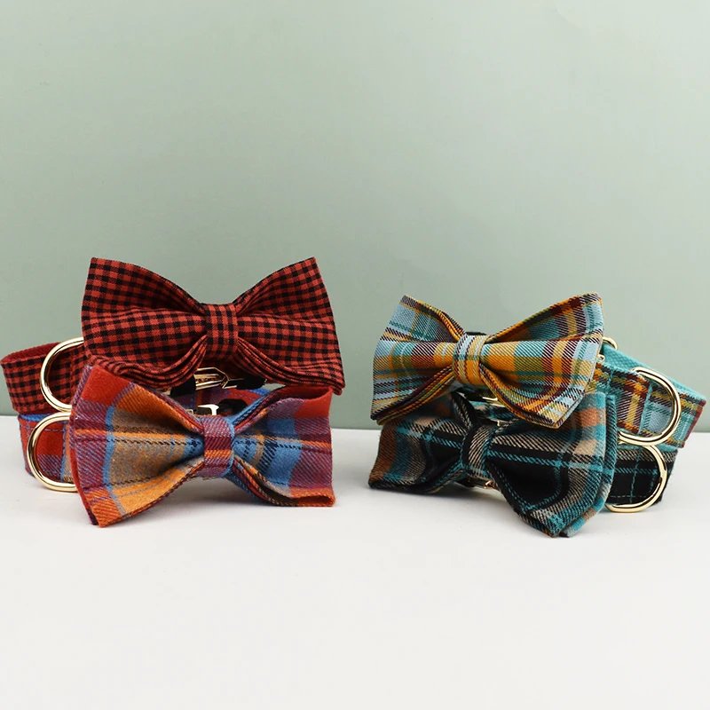 Luxury Plaid Dog Collar with Bow Tie