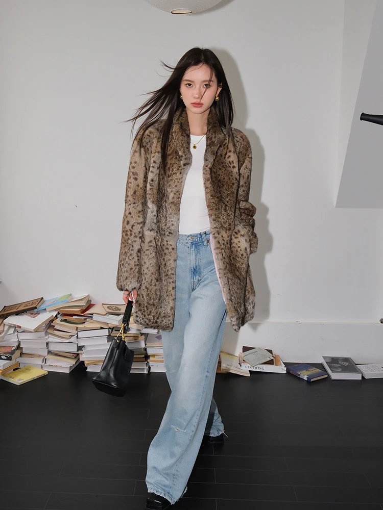 Elegant Leopard Print Fur Coat