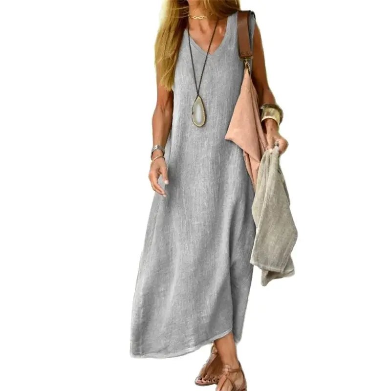 Summer V-Neck Cotton Linen Dress