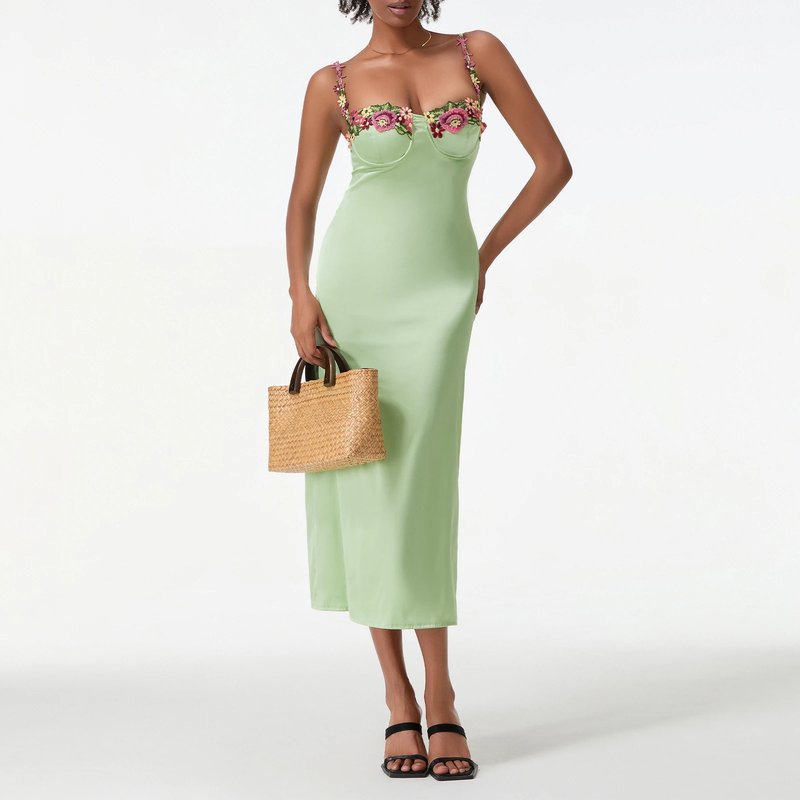 Floral Embroidered Satin Bodycon Dress