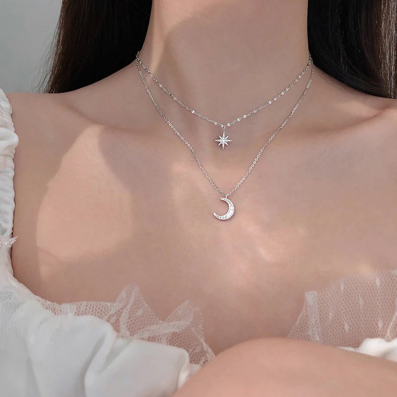 S925 Silver Double Star Moon Necklace