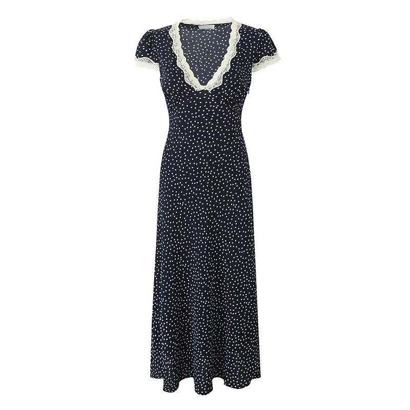 Elegant Navy Blue Polka Dot Dress