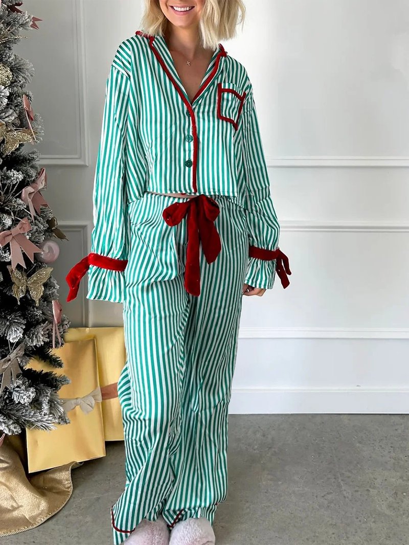 Satin Striped Bow Tie Pajama Set