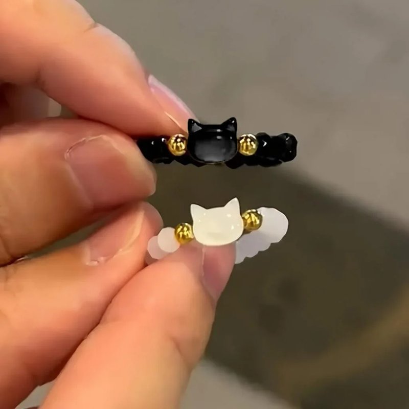 Handmade Moonstone & Obsidian Cat Ring