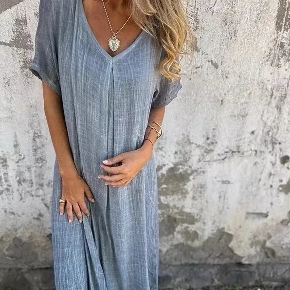 Casual V-Neck Cotton-Linen Dress