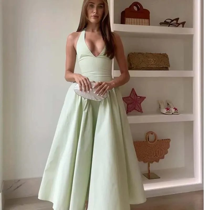 Elegant Green Halter Midi Dress