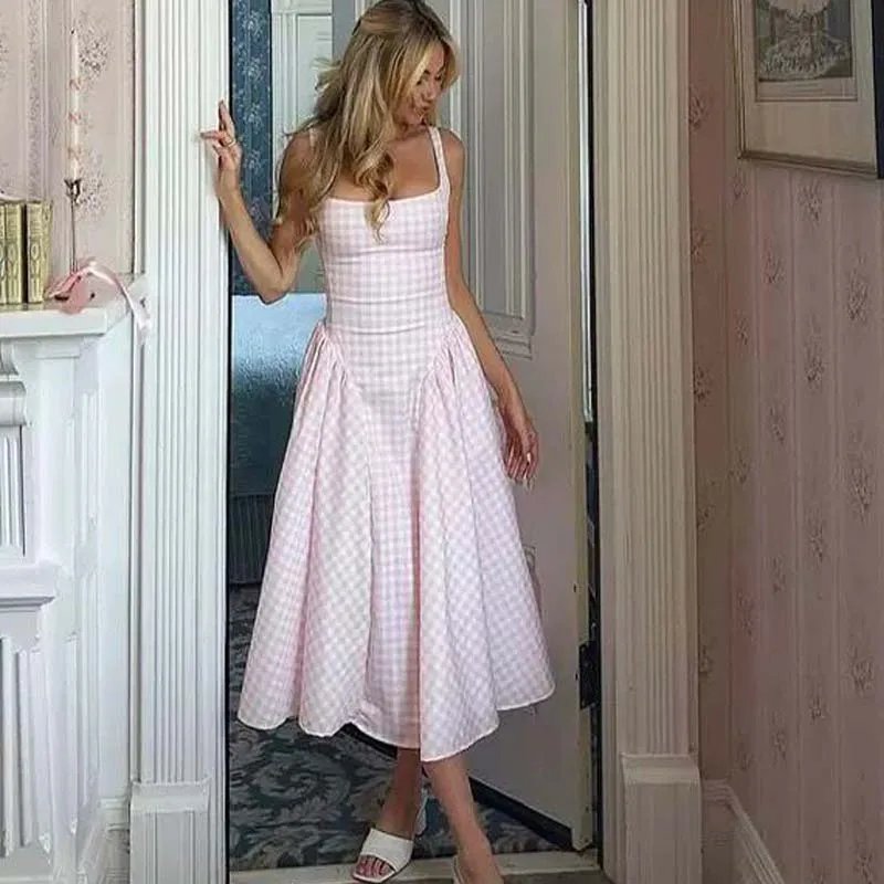 Elegant Plaid Sling Midi Dress