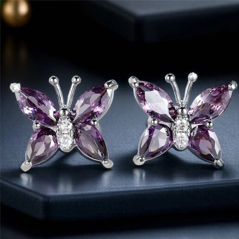 Elegant Purple Crystal Butterfly Earrings