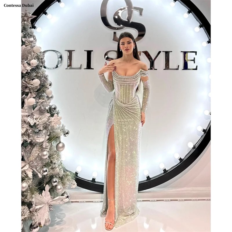 Custom Silver Off-Shoulder Prom Dress