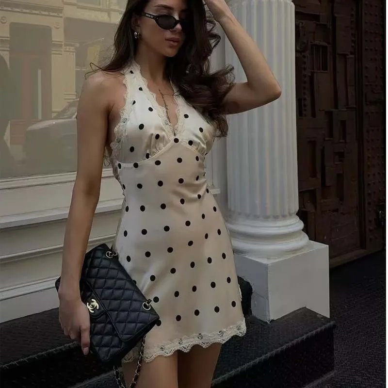 Elegant Polka Dot Halter Dress