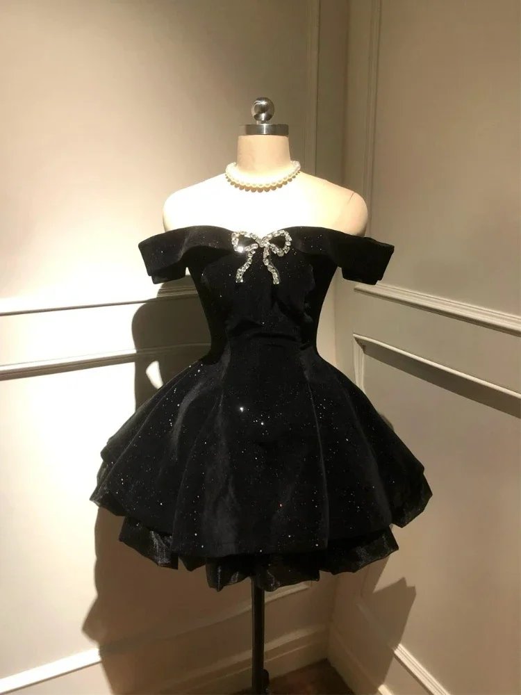 Elegant Black Vintage Off-Shoulder Dress