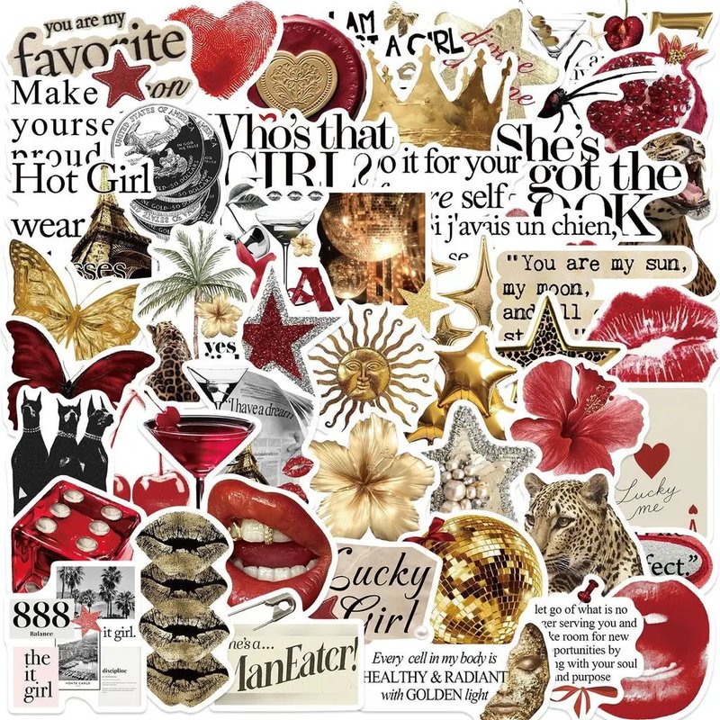 Vintage Gold & Red Cartoon Stickers