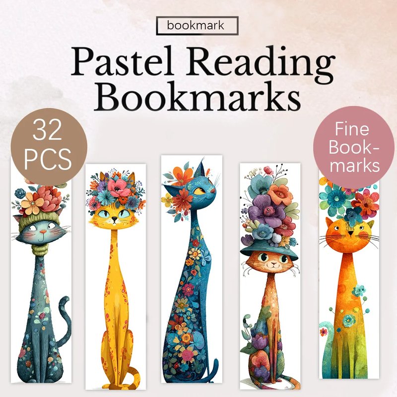 Floral Cat Bookmark Set - 32 Pieces