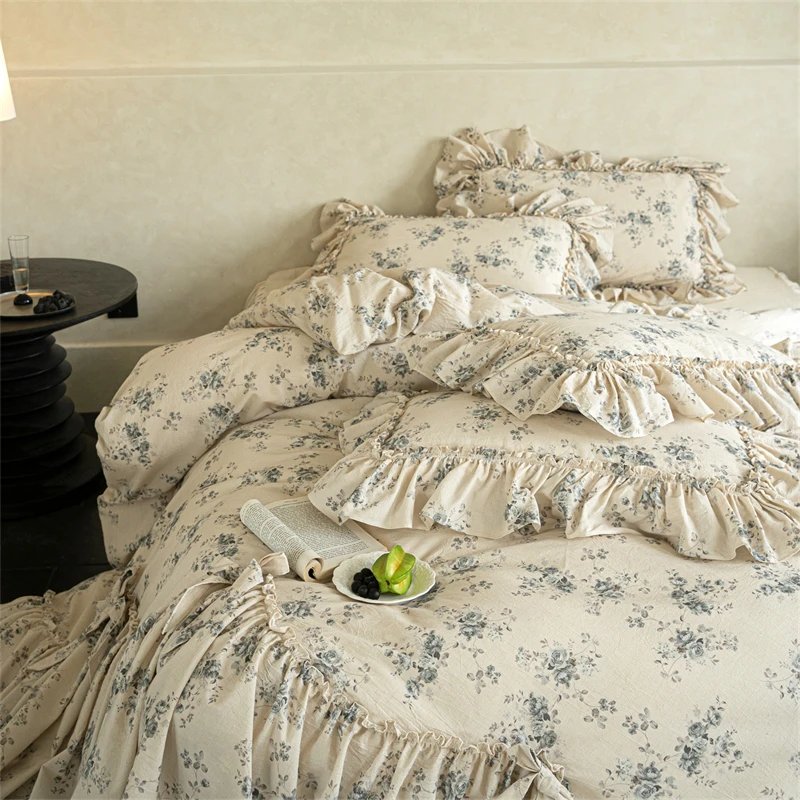 Vintage Floral Cotton Linen Bedding Set