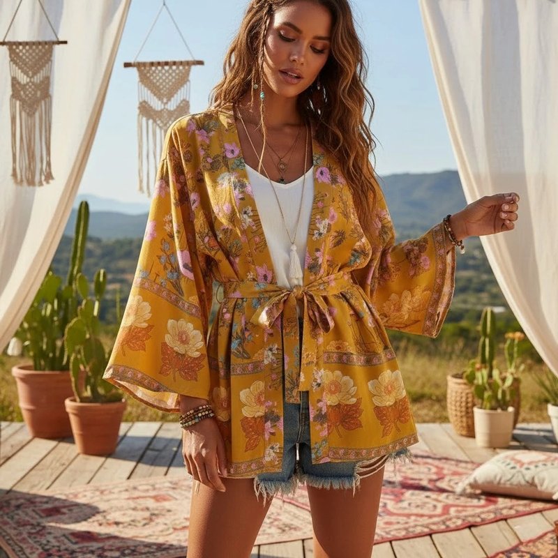 Bohemian Floral Print Kimono Dress