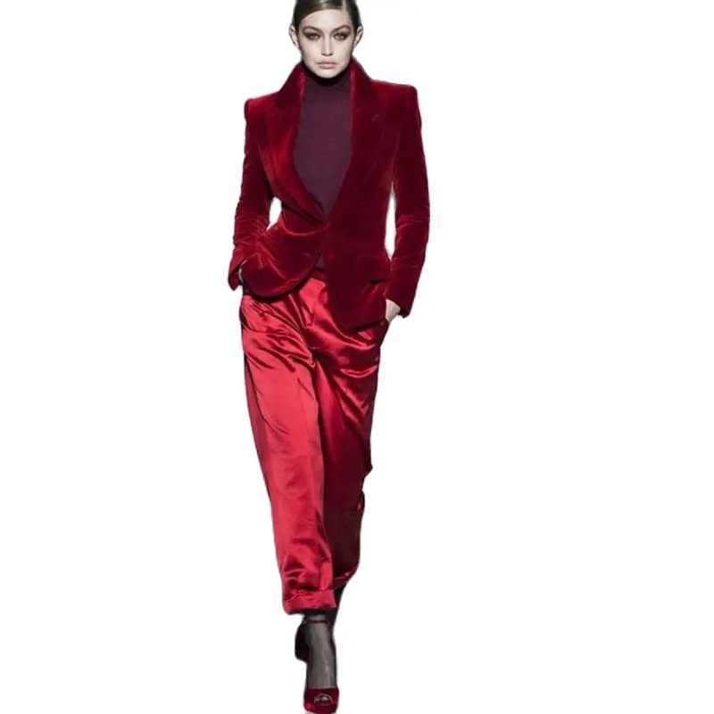 Elegant Wine Red Velvet Pant Suit