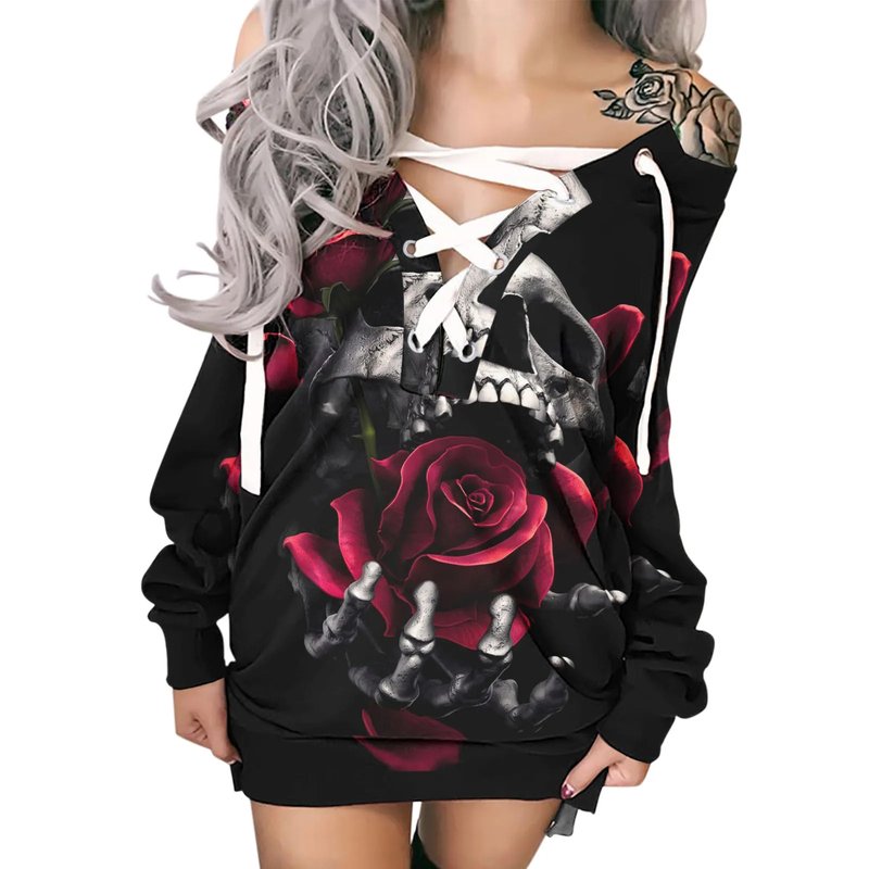 Gothic Skull Rose Hoodie Dress