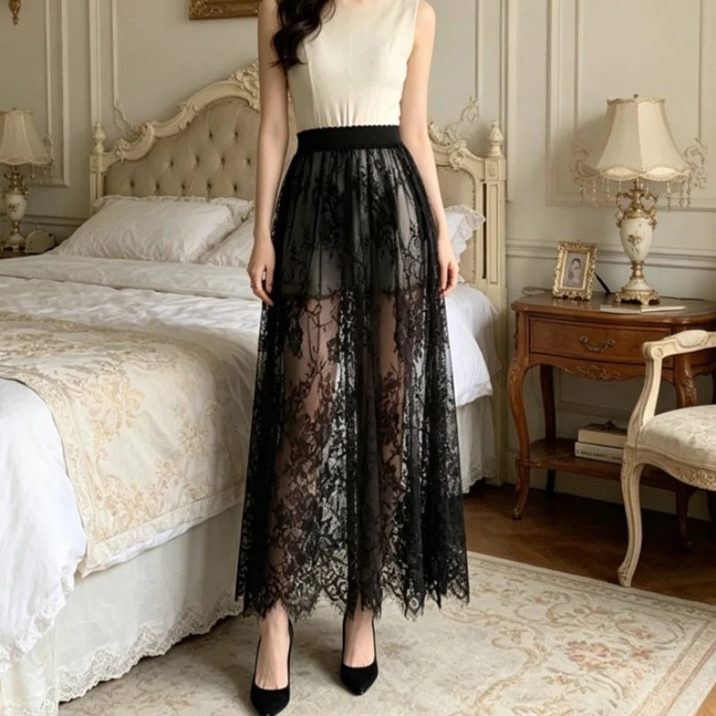 Elegant Black Lace Tulle Midi Skirt