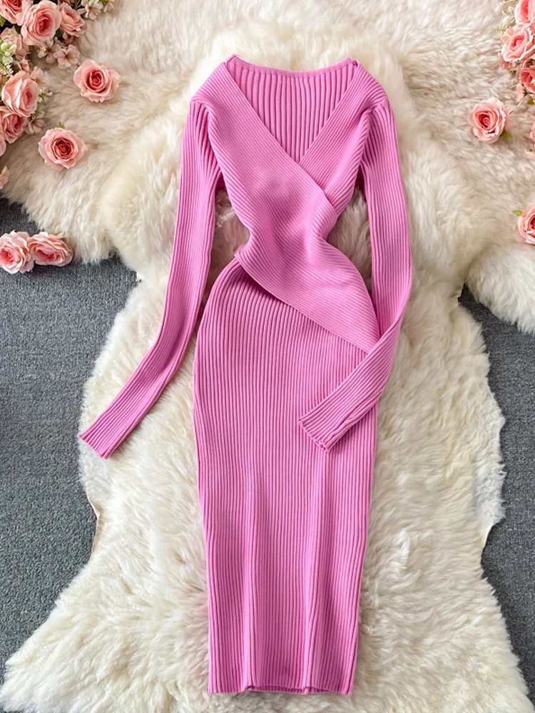 Elegant V-Neck Knitted Bodycon Dress