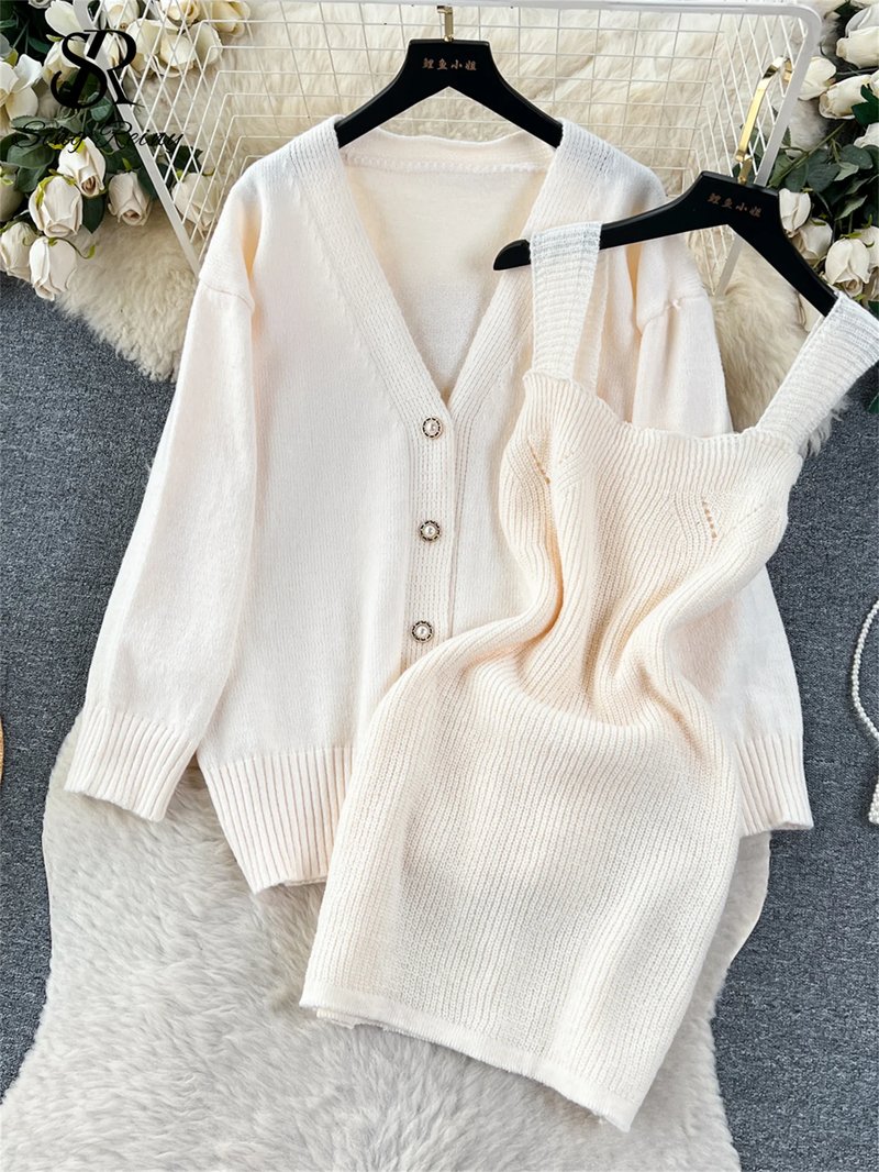 Korean Style Knitted Cardigan & Dress Set