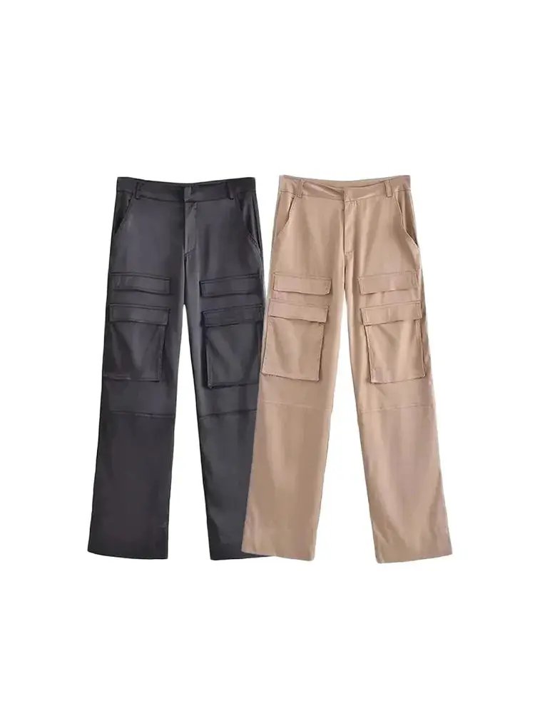 Vintage High-Waist Satin Cargo Pants