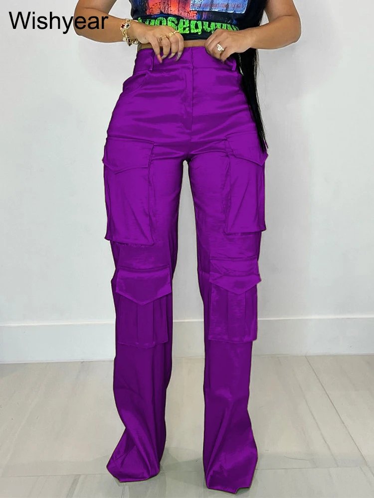 Chic High Waist Satin Cargo Pants