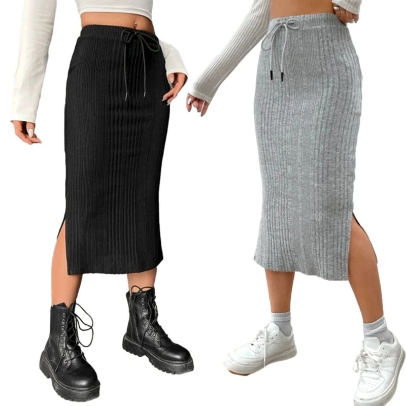 High Waist Ribbed Midi Skirt