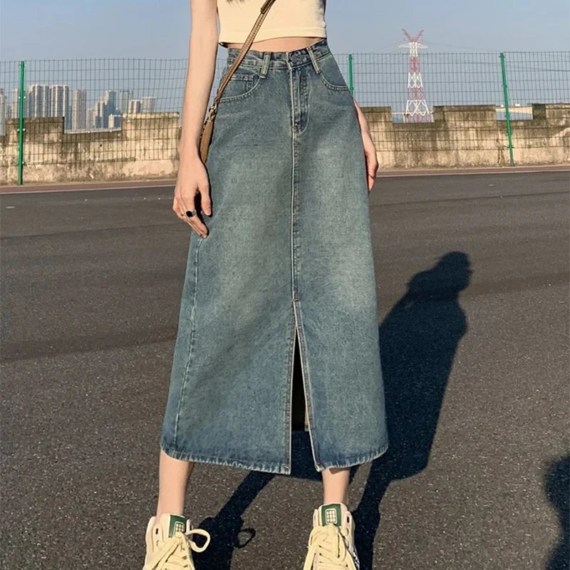 Retro High-Waist Denim Skirt