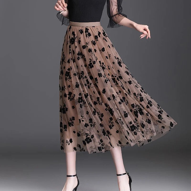 Elegant Floral Tulle Midi Skirt
