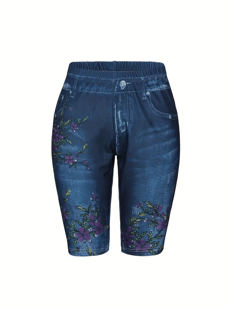 Floral Print Denim-Look Slim Shorts