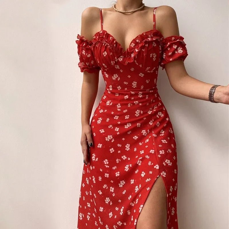 Elegant Floral Off-Shoulder Midi Dress