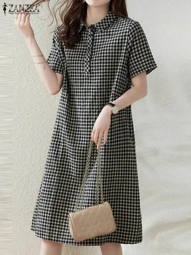 ZANZEA Women's Plaid Midi Dress