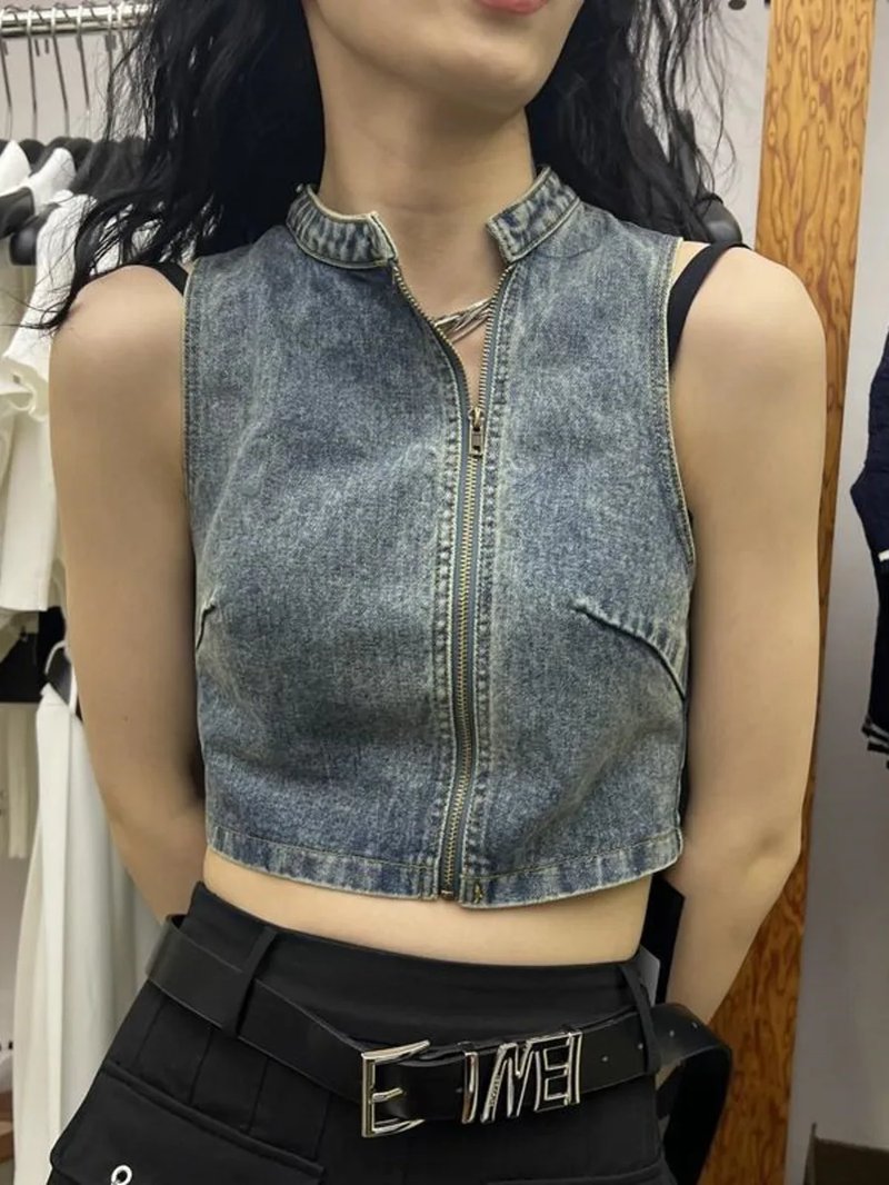 Vintage Cropped Denim Vest for Women