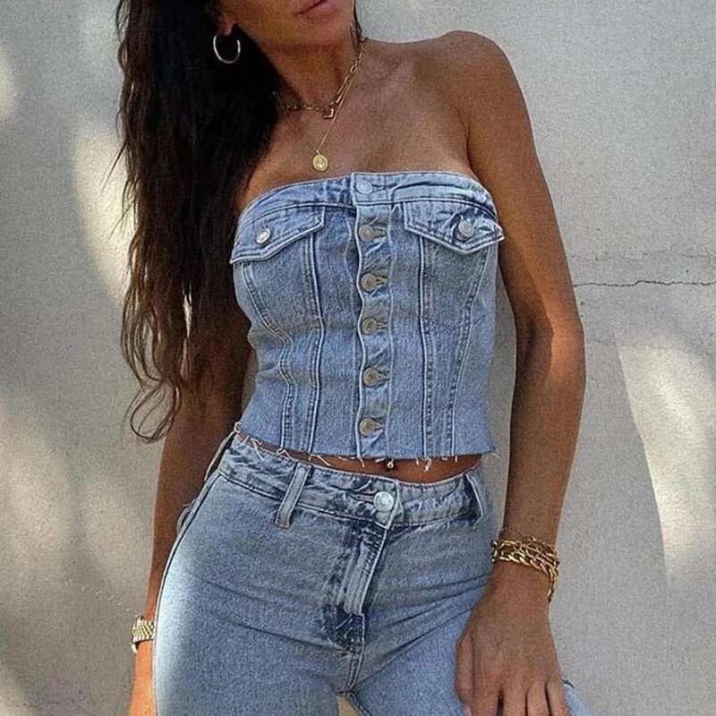 Y2K Off-Shoulder Denim Tube Top