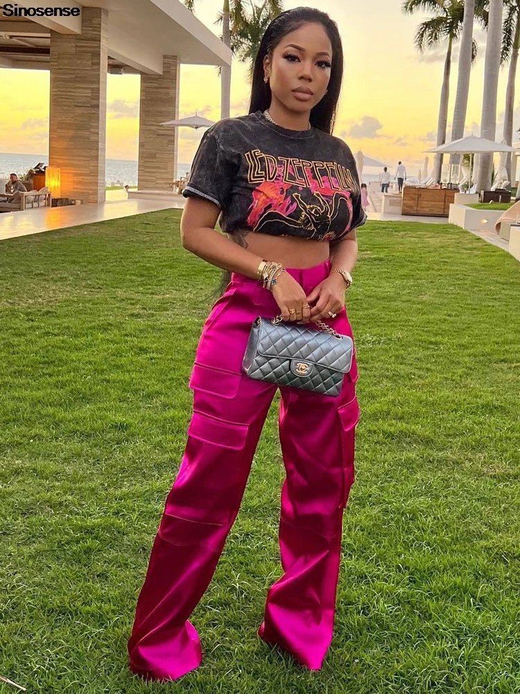 Chic High-Waisted Satin Cargo Pants