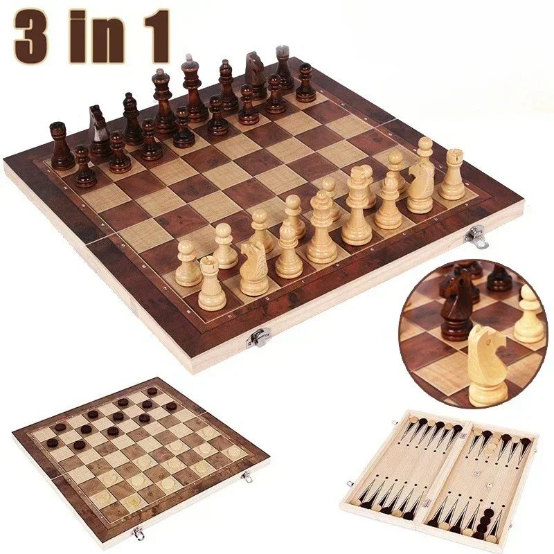 3-in-1 Portable Wooden Chess Set