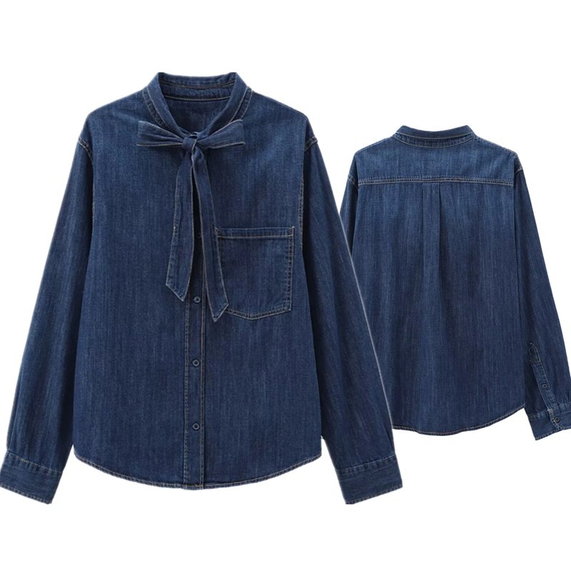 Elegant Denim Blouse with Bow Tie