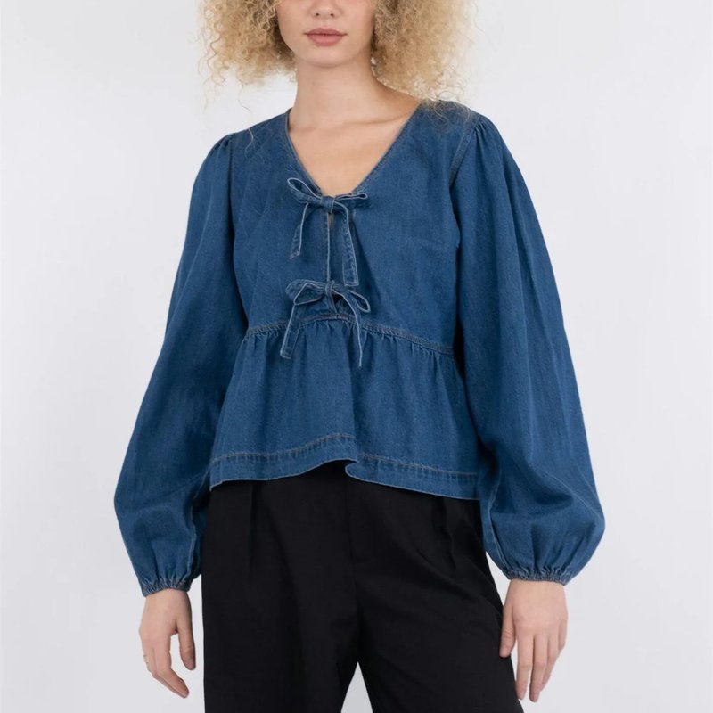 Chic Denim Bow Tie Blouse