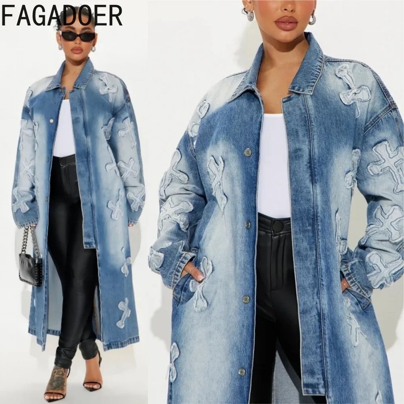 Trendy Embroidered Denim Long Jacket