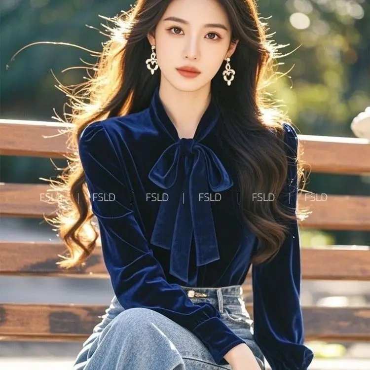 Chic Velvet Bow Blouse for Women