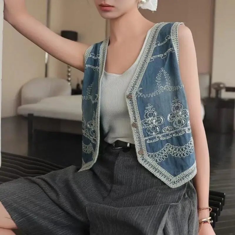 Floral Embroidered Denim Vest