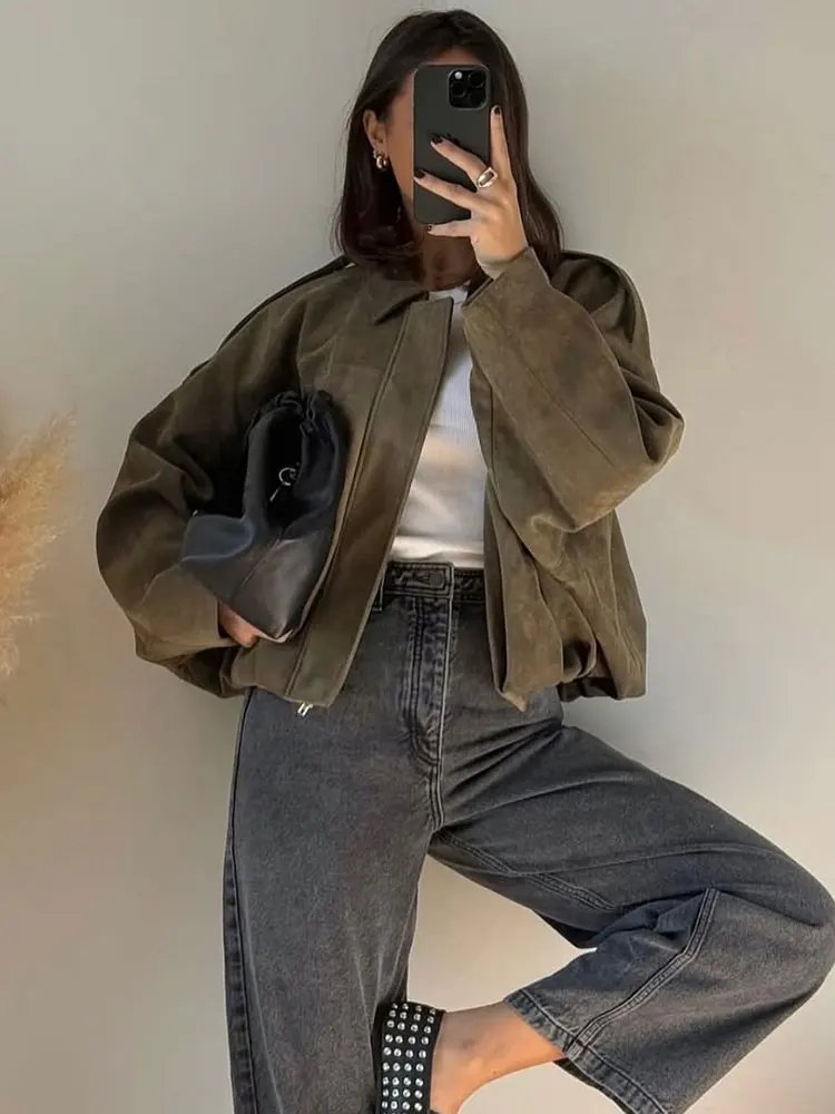 Vintage Suede Bomber Jacket for Women