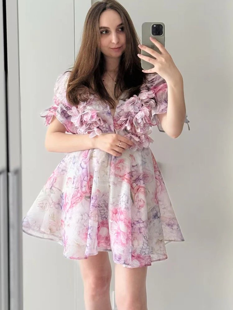 Sweet Pink 3D Flower Puff Sleeve Dress