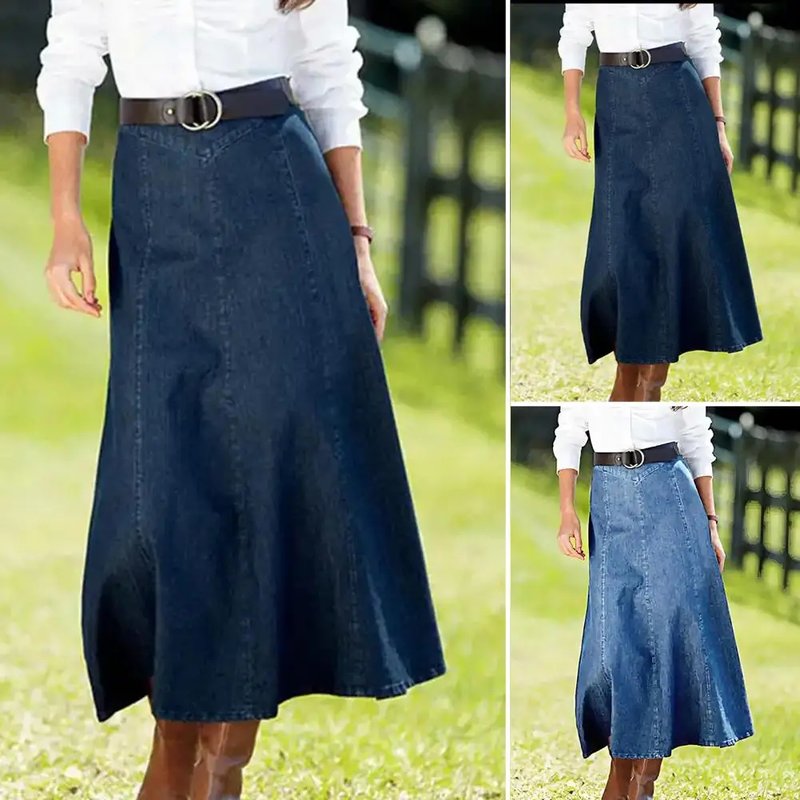 High-Waisted Denim Midi Skirt