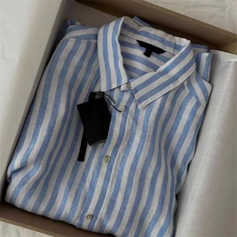 Casual Blue Stripe Cotton Blouse