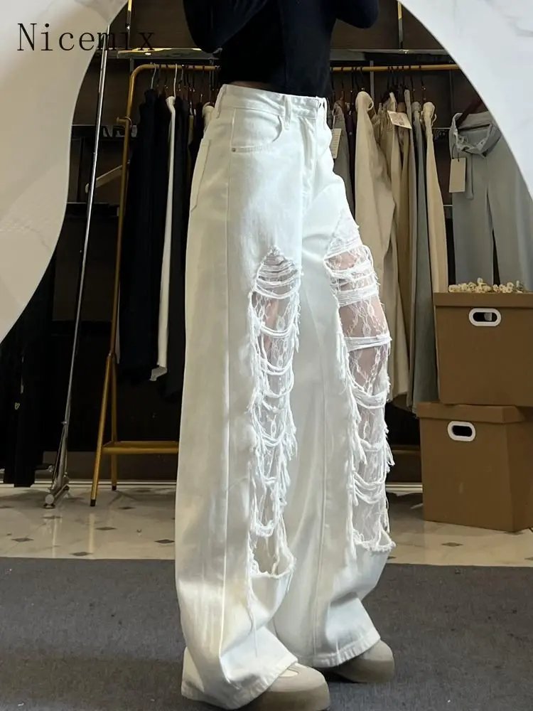 Trendy Lace Patchwork Ripped Jeans