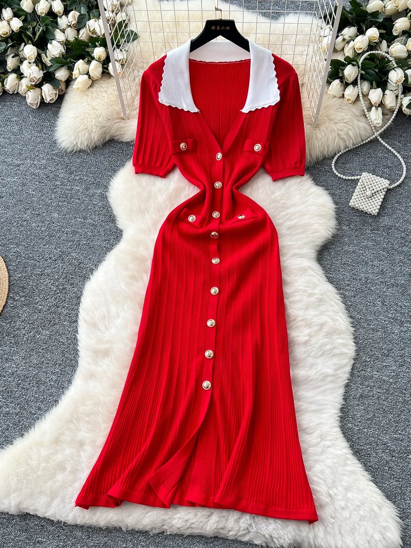 Retro Color-Block Knitted Dress