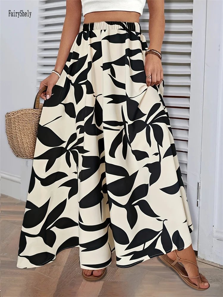 Elegant Leaf Print Maxi Skirt