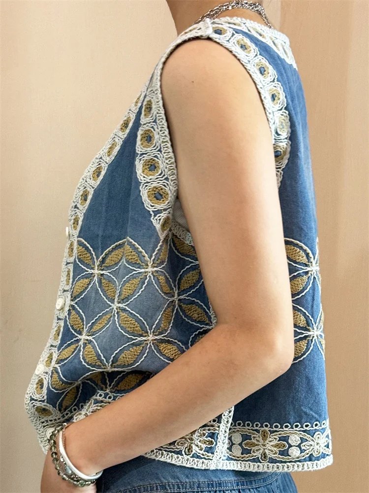 Embroidered Denim Vest for Women