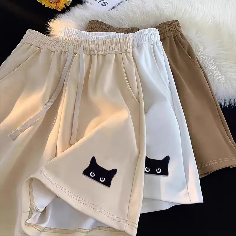 Chic Black Cat Print Casual Shorts